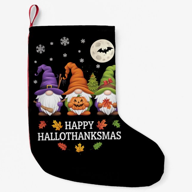 Happy Hallothanksmas Gnomes Lover Halloween Xmas Small Christmas Stocking (Front)