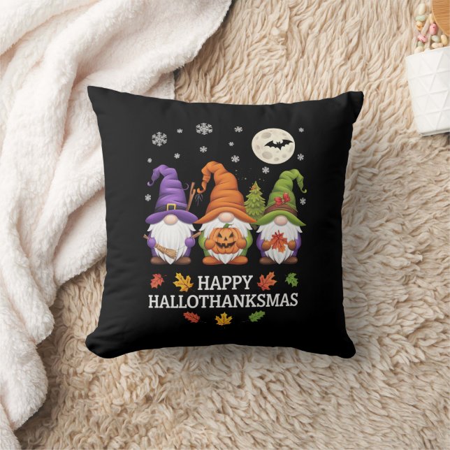 Happy Hallothanksmas Gnomes Lover Halloween Xmas Throw Pillow (Blanket)