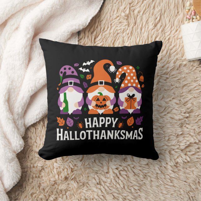 Happy Hallothanksmas Gnomes Lover Merry Christmas Throw Pillow (Blanket)