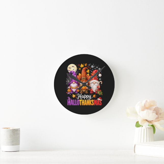 Happy HalloThanksMas Gnomes Round Clock (Home)
