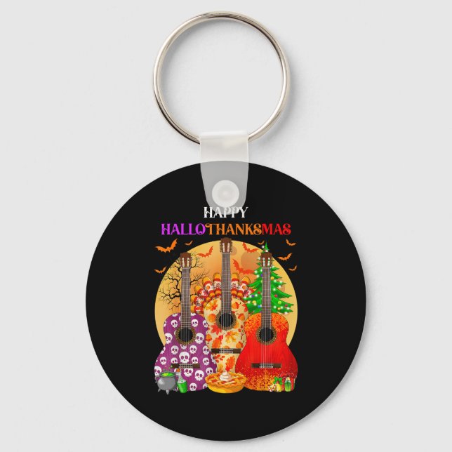 Happy Hallothanksmas Guitar Halloween Thanksgiving Keychain (Front)