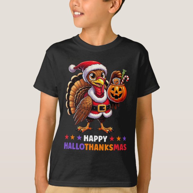 Happy Hallothanksmas Halloween Thanksgiving Xmas F T-Shirt (Front)