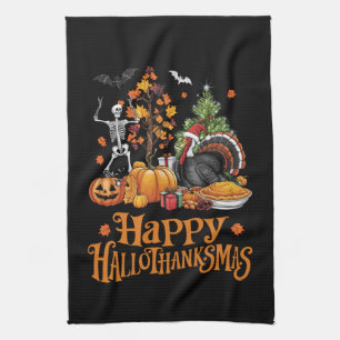 Happy Hallothanksmas Happy Halloween Thanksgiving Kitchen Towel