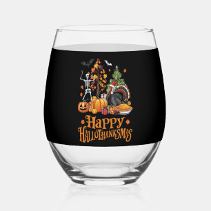 Happy Hallothanksmas Happy Halloween Thanksgiving  Stemless Wine Glass