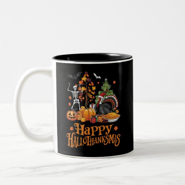 Happy Hallothanksmas Happy Halloween Thanksgiving  Two-Tone Coffee Mug (Left)