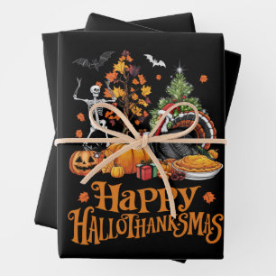 Happy Hallothanksmas Happy Halloween Thanksgiving Wrapping Paper Sheets