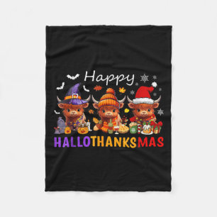 Happy Hallothanksmas Highland Cow Halloween Merry Fleece Blanket