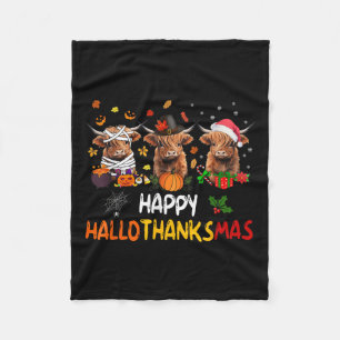 Happy Hallothanksmas Highland Cow Halloween Thanks Fleece Blanket