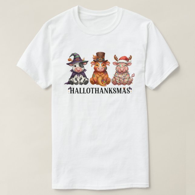 Happy Hallothanksmas Highland Cow T-Shirt (Design Front)