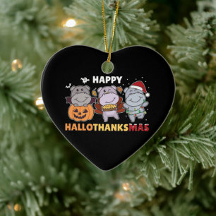 Happy Hallothanksmas Hippos Christmas Hippo Cerami Ceramic Ornament