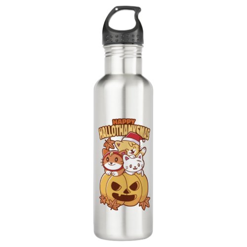 HAPPY HALLOTHANKSMAS HOLIDAY CATS CHRISTMAS THANK STAINLESS STEEL WATER BOTTLE