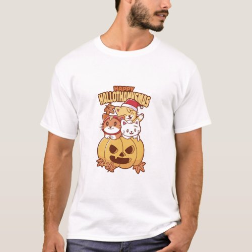 HAPPY HALLOTHANKSMAS HOLIDAY CATS CHRISTMAS THANK T_Shirt