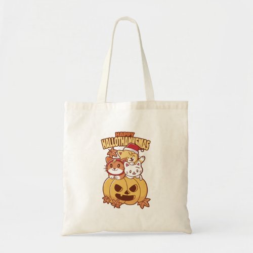 HAPPY HALLOTHANKSMAS HOLIDAY CATS CHRISTMAS THANK TOTE BAG