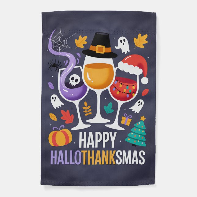 Happy HalloThanksMas Holiday Garden Flag (Front)