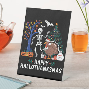 Happy Hallothanksmas Holiday Season Gift Fall Pedestal Sign