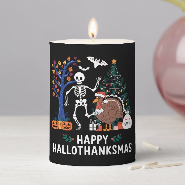 Happy Hallothanksmas Holiday Season Gift Fall Pillar Candle (In Situ)