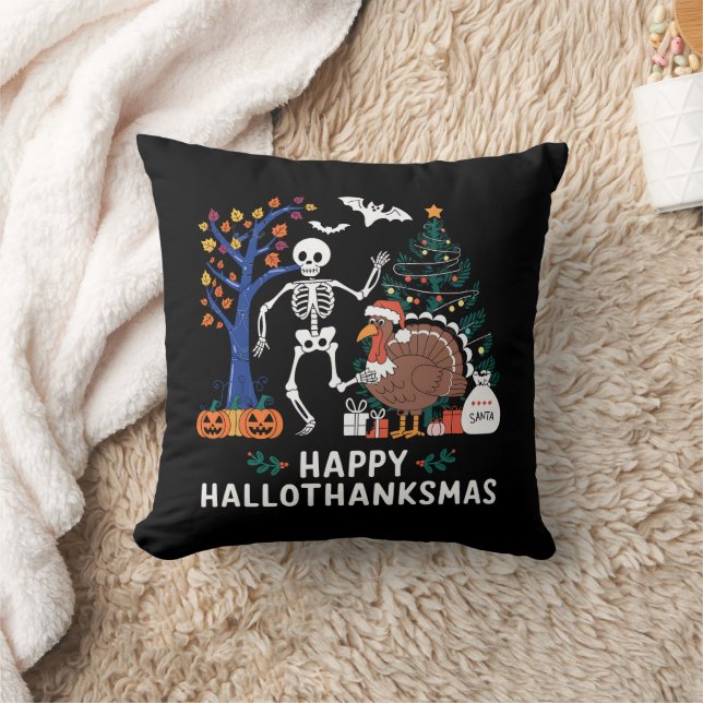 Happy Hallothanksmas Holiday Season Gift Fall Throw Pillow (Blanket)