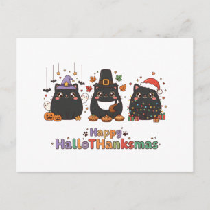 Happy HalloThanksmas Kawaii Black Cat Triple Holiday Postcard