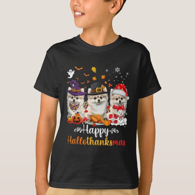 Happy Hallothanksmas Meranian Dog Halloween Christ T-Shirt (Front)