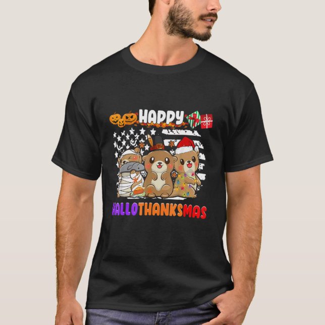 Happy Hallothanksmas Otter  Thanksgiving Christmas T-Shirt (Front)