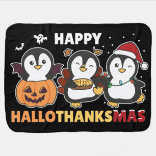 Happy Hallothanksmas Penguins Christmas Penguin Ba Baby Blanket
