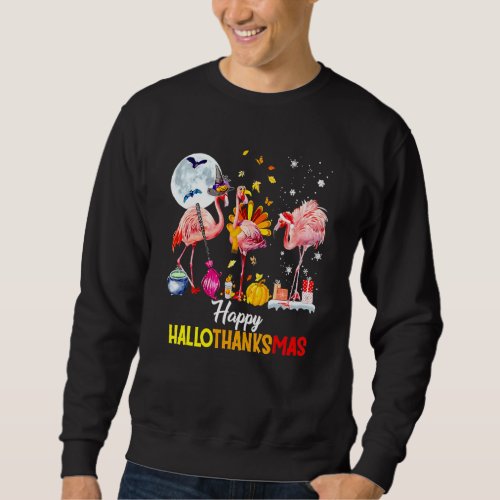 Happy Hallothanksmas Pink Flamingo Witch Santa Hat Sweatshirt