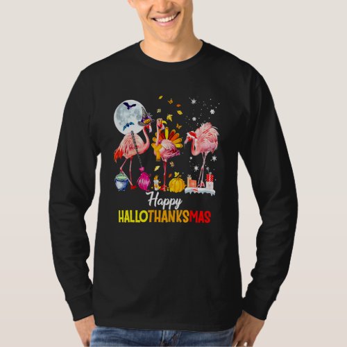Happy Hallothanksmas Pink Flamingo Witch Santa Hat T_Shirt