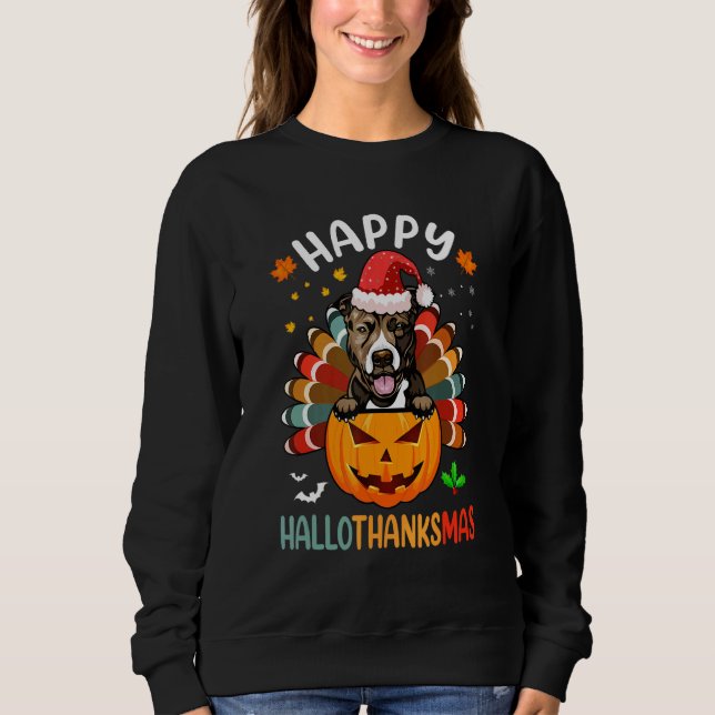 Happy Hallothanksmas Pitbull Dog Santa Pumpkin Tur Sweatshirt (Front)