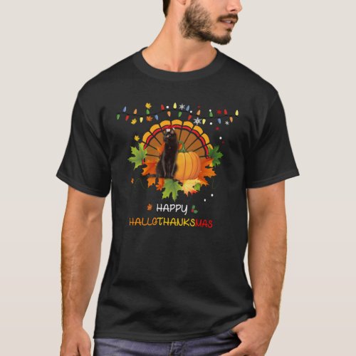 Happy Hallothanksmas Pumpkin Turkey Black Cat T_Shirt