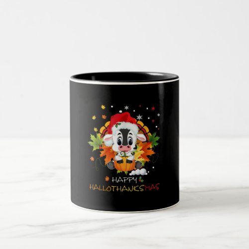 Happy Hallothanksmas Pumpkin Turkey Cute Cow Two_Tone Coffee Mug