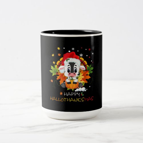 Happy Hallothanksmas Pumpkin Turkey Cute Cow Two_Tone Coffee Mug