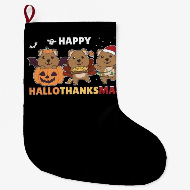 Happy Hallothanksmas Quokkas Christmas Quokka Large Christmas Stocking (Front)
