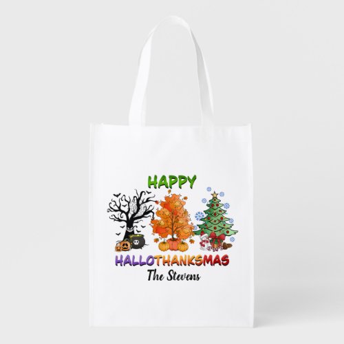 Happy Hallothanksmas reusable grocery bag w trees