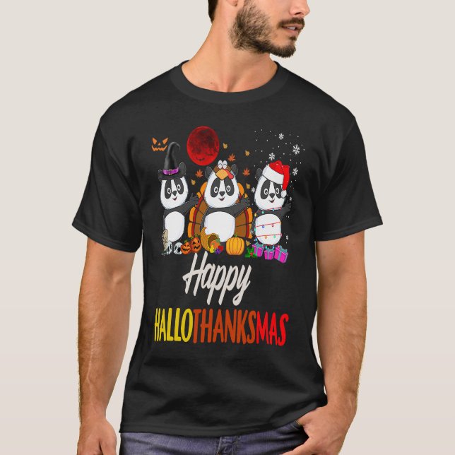 Happy Hallothanksmas Santa Panda Halloween Thanksg T-Shirt (Front)