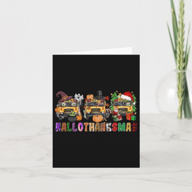 Happy Hallothanksmas School Bus Halloween Merry Ch Card (Front)