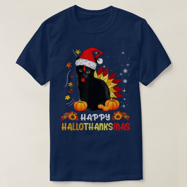 Happy Hallothanksmas Shirt Black Cat Halloween Tha (Design Front)