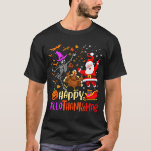 Happy Hallothanksmas Skeleton Pumpkin Turkey Santa T-Shirt