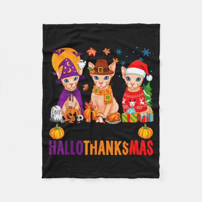 Happy Hallothanksmas Sphynx Cats Halloween Thanksg Fleece Blanket (Front)