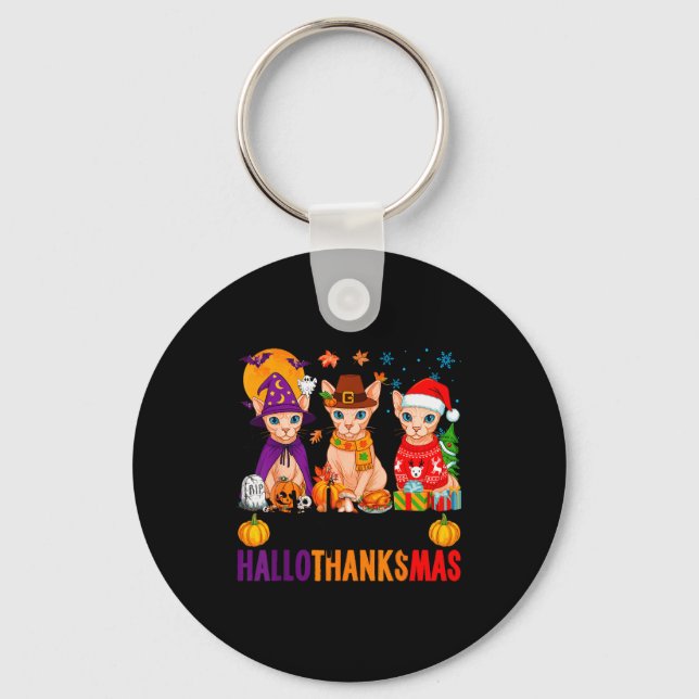 Happy Hallothanksmas Sphynx Cats Halloween Thanksg Keychain (Front)