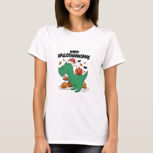 HAPPY HALLOTHANKSMAS T_REX CHRISTMAS THANKSGIVING T_Shirt