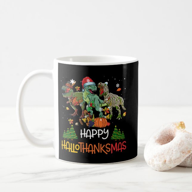 Happy Hallothanksmas Thanksgiving Dinosaur T-rex Coffee Mug (With Donut)