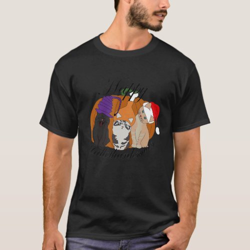 Happy Hallothanksmas Triple Cute Cat Funny T_Shirt