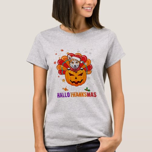 Happy HalloThanksMas Turkey Santa Corgi Pumpkin T_Shirt