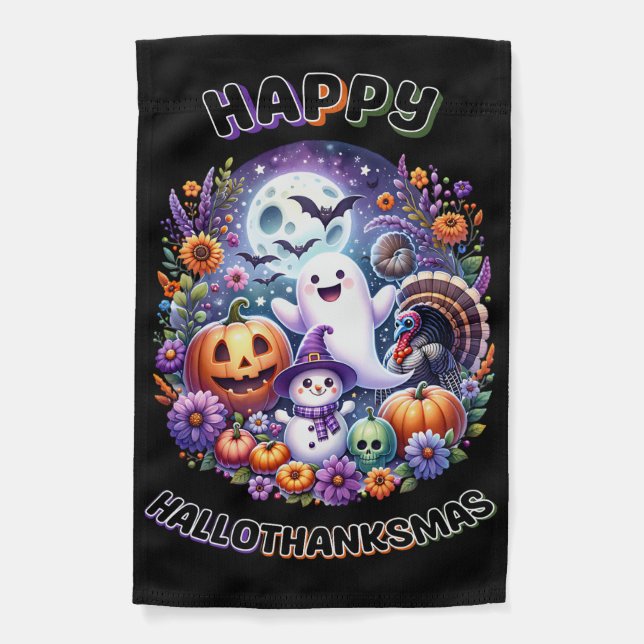 Happy HalloThanksMas Weatherproof  Garden Flag (Front)