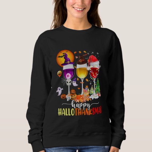 Happy Hallothanksmas Wine Glasses Witch Santa Hat  Sweatshirt