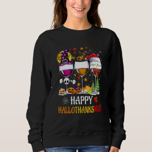 Happy Hallothanksmas Wine Glasses Witch Santa Hat  Sweatshirt