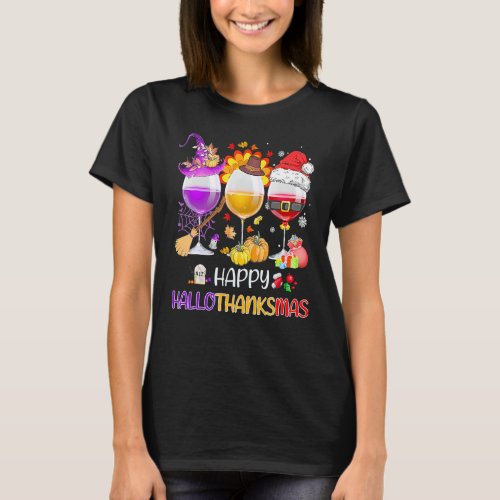 Happy Hallothanksmas Wine Glasses Witch Santa Hat  T_Shirt
