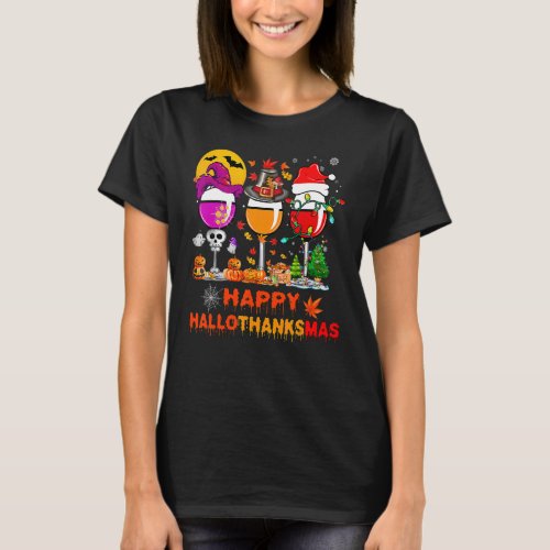 Happy Hallothanksmas Wine Glasses Witch Santa Hat  T_Shirt