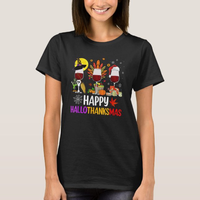 Happy Hallothanksmas Wine Glasses Witch Santa Hat  T-Shirt (Front)