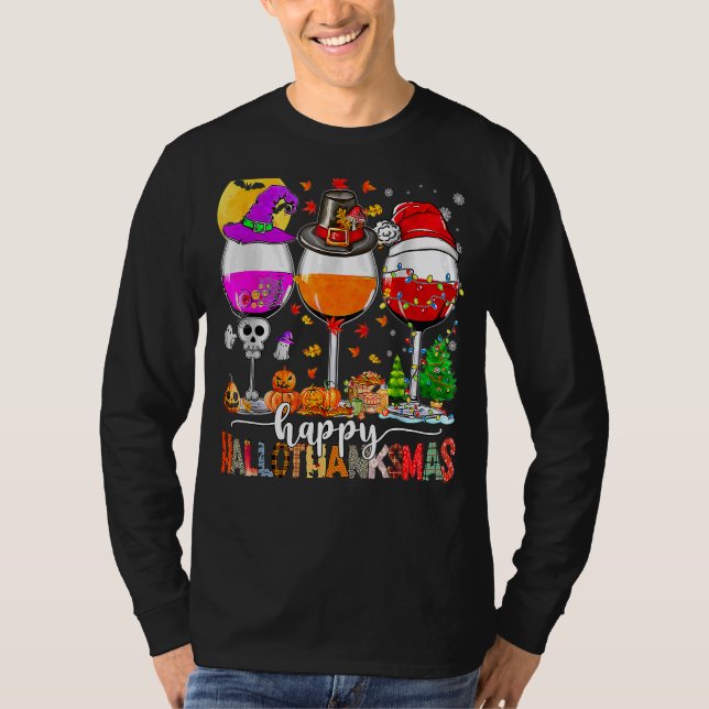 Happy Hallothanksmas Wine Glasses Witch Santa Hat  T-Shirt (Front)